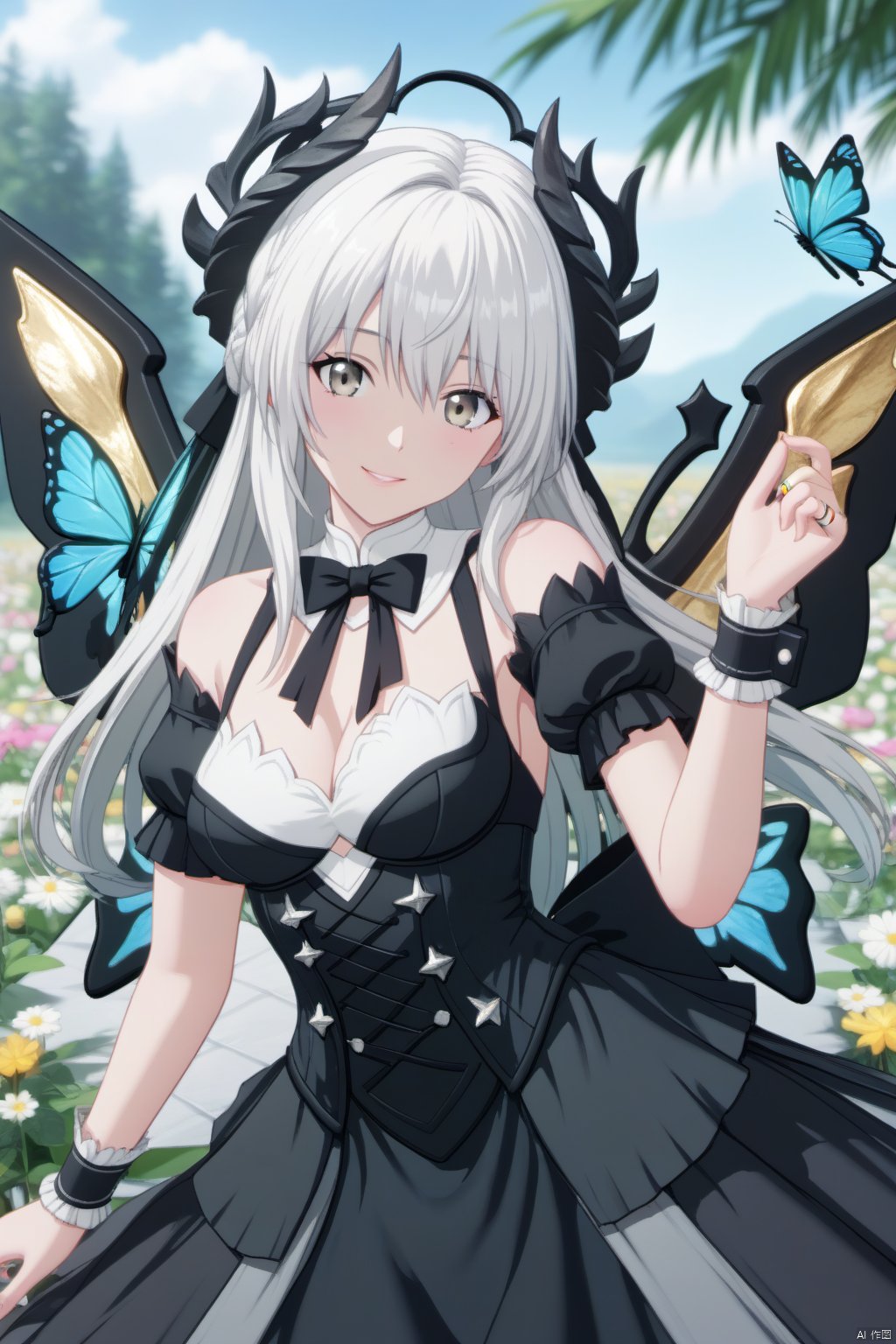 masterpiece,best quality,wallpaper,depth of field,1girl,long hair,white hair,grey eyes,smile, bangs, dress, bow, cleavage, bare shoulders, medium breasts, white hair, short sleeves, detached sleeves, wings, horns, puffy sleeves, bowtie, black dress, puffy short sleeves, wrist cuffs, grey eyes, black bow, detached collar,ring,cowboy shot,outdoors,blue sky, flower, blurry, bug, butterfly,