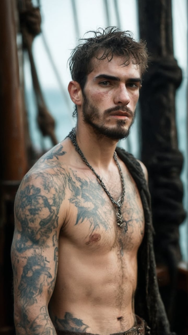 score_9, score_8_up, score_7_up, score_6_up, score_5_up, score_4_up, GQ, 8K image:

a dirty young handsome, 18-year-old evil French Pirate captain, bandit, thief, Rococo, sporting short rugged messy hair and a scruffy face adorned with a thick eyebrows, and tattoos stretching from all over his glistening sweaty body. He's wearing a dirty pirate coat revealing his body which covered with sweat, body hair and dirt. The scene is on a Jolly Rodgers pirate ship sailing to the dark seas and bleak atmosphere. His lean physique is accentuated showcasing his refined sleazy youth and athletic build. His body and face are covered with scars, indicating wounds during fights and sieges. The camera frames him with a very dramatic shot, highlighting the tattooed skin and subtle stubble on his jawline. As the Victorian Era pirate looking proud, the soft aesthetic creates an air of quiet contemplation, while the cinematic lighting imbues the scene with a sense of drama and tension.

Art by John Singer Sargent, Greg Rutkowski, or Wlop would bring this stunning image to life, with camera settings mirroring those of a high-end oil painting: Canon EOS 5D Mark IV, Lens: 85mm f/1.8, f/4.0, ISO 100, and 1/500 sec.