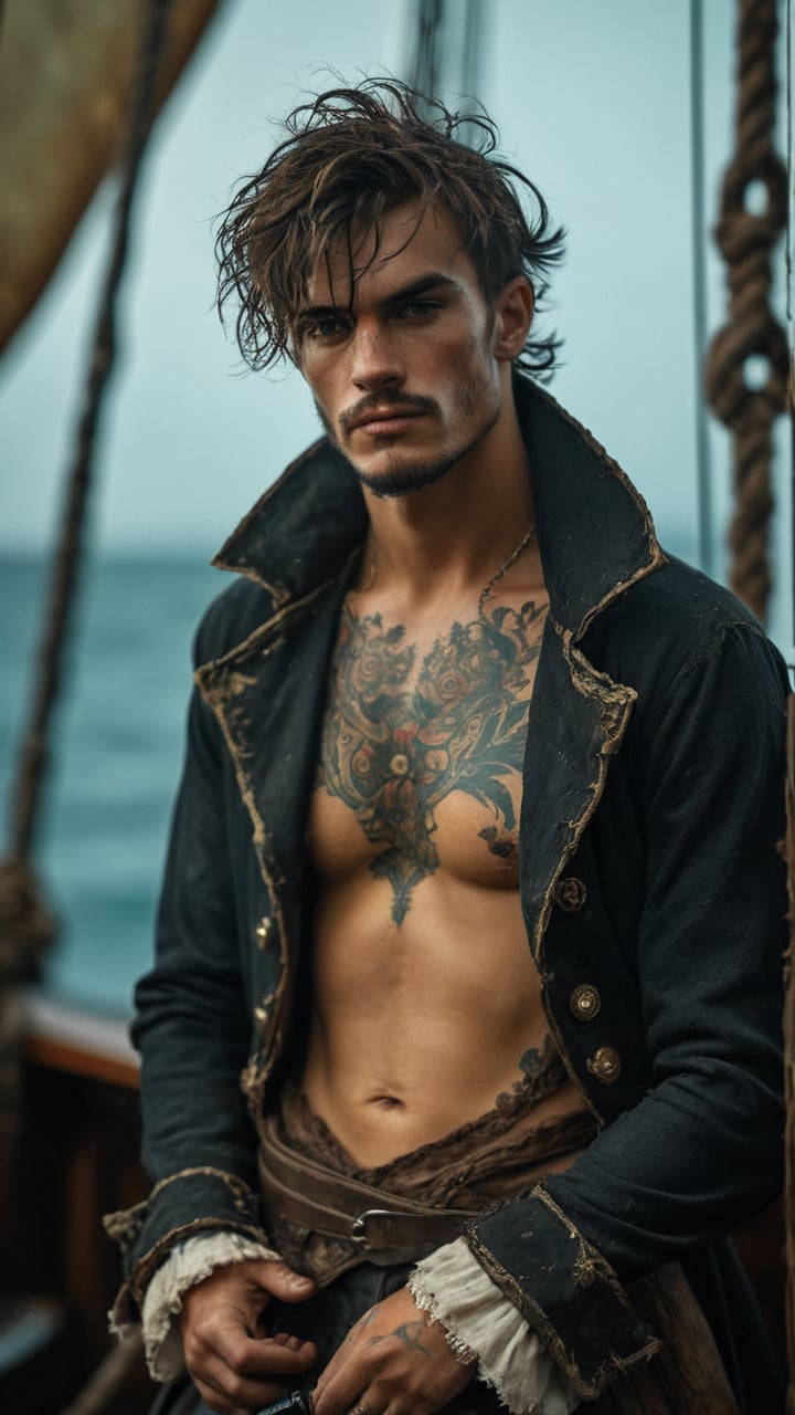 score_9, score_8_up, score_7_up, score_6_up, score_5_up, score_4_up, GQ, 8K image:

a dirty young handsome, 18-year-old evil French Pirate captain, bandit, thief, Rococo, sporting short rugged messy hair and a scruffy face adorned with a thick eyebrows, and tattoos stretching from all over his glistening sweaty body. He's wearing a dirty pirate coat revealing his body which covered with sweat, body hair and dirt. The scene is on a Jolly Rodgers pirate ship sailing to the dark seas and bleak atmosphere. His lean physique is accentuated showcasing his refined sleazy youth and athletic build. His body and face are covered with scars, indicating wounds during fights and sieges. The camera frames him with a very dramatic shot, highlighting the tattooed skin and subtle stubble on his jawline. As the Victorian Era pirate looking proud, the soft aesthetic creates an air of quiet contemplation, while the cinematic lighting imbues the scene with a sense of drama and tension.

Art by John Singer Sargent, Greg Rutkowski, or Wlop would bring this stunning image to life, with camera settings mirroring those of a high-end oil painting: Canon EOS 5D Mark IV, Lens: 85mm f/1.8, f/4.0, ISO 100, and 1/500 sec.