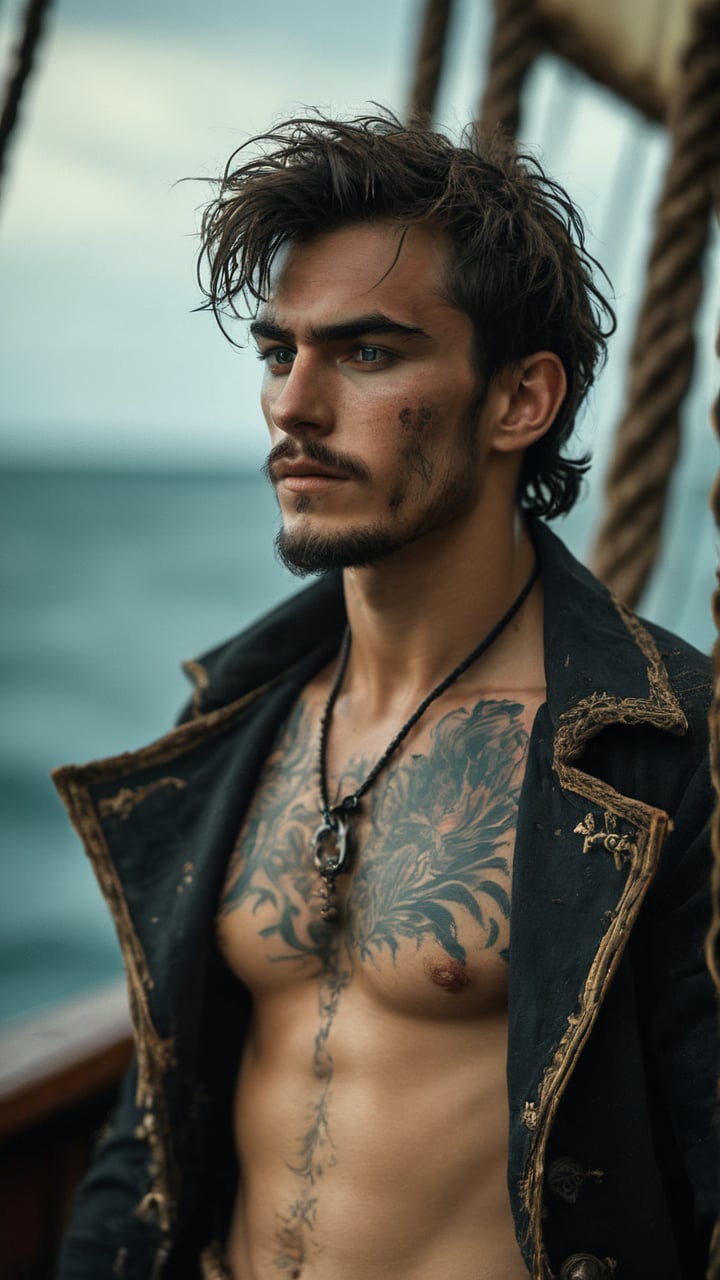 score_9, score_8_up, score_7_up, score_6_up, score_5_up, score_4_up, GQ, 8K image:

a dirty young handsome, 18-year-old evil French Pirate captain, bandit, thief, Rococo, sporting short rugged messy hair and a scruffy face adorned with a thick eyebrows, and tattoos stretching from all over his glistening sweaty body. He's wearing a dirty pirate coat revealing his body which covered with sweat, body hair and dirt. The scene is on a Jolly Rodgers pirate ship sailing to the dark seas and bleak atmosphere. His lean physique is accentuated showcasing his refined sleazy youth and athletic build. His body and face are covered with scars, indicating wounds during fights and sieges. The camera frames him with a very dramatic shot, highlighting the tattooed skin and subtle stubble on his jawline. As the Victorian Era pirate looking proud, the soft aesthetic creates an air of quiet contemplation, while the cinematic lighting imbues the scene with a sense of drama and tension.

Art by John Singer Sargent, Greg Rutkowski, or Wlop would bring this stunning image to life, with camera settings mirroring those of a high-end oil painting: Canon EOS 5D Mark IV, Lens: 85mm f/1.8, f/4.0, ISO 100, and 1/500 sec.