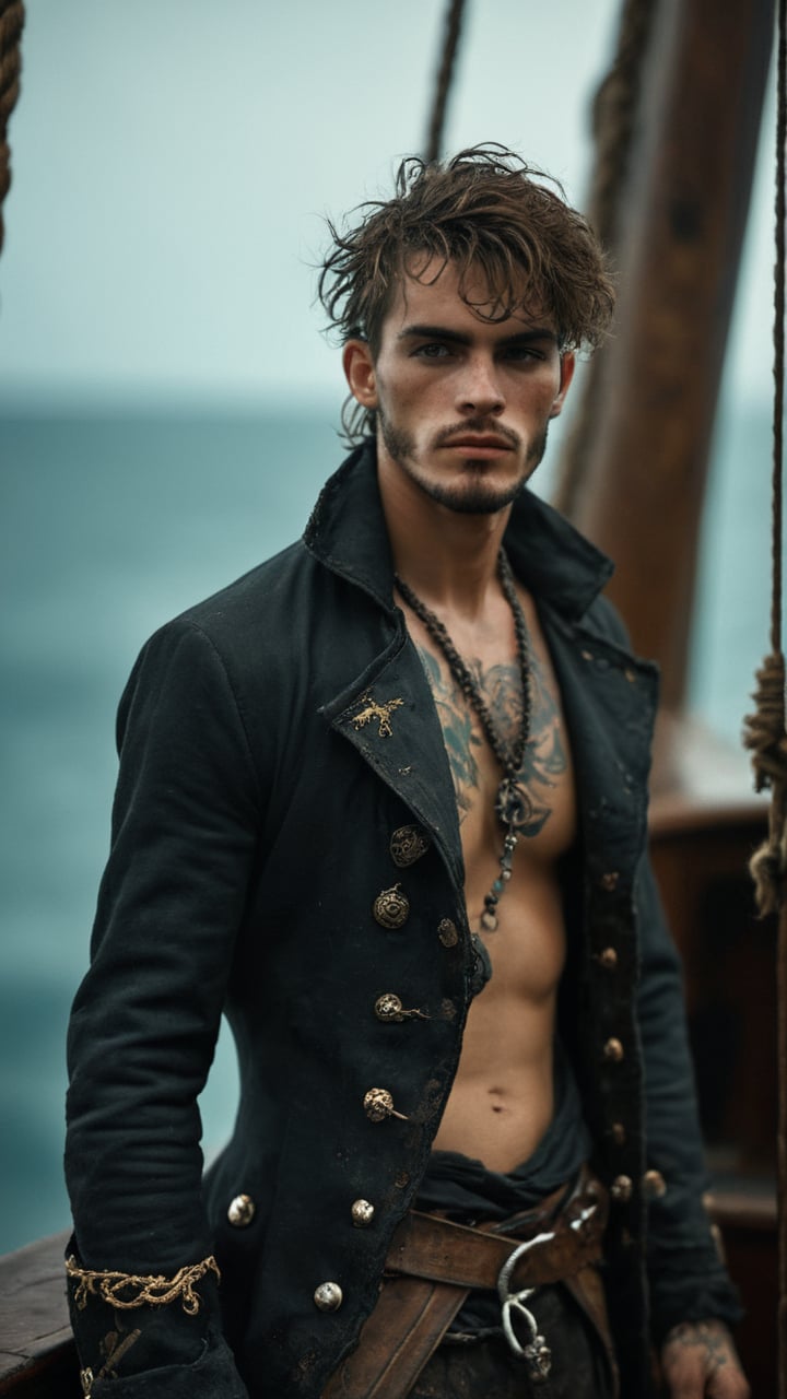 score_9, score_8_up, score_7_up, score_6_up, score_5_up, score_4_up, GQ, 8K image:

a dirty young handsome, 18-year-old evil French Pirate captain, bandit, thief, Rococo, sporting short rugged messy hair and a scruffy face adorned with a thick eyebrows, and tattoos stretching from all over his glistening sweaty body. He's wearing a dirty pirate coat revealing his body which covered with sweat, body hair and dirt. The scene is on a Jolly Rodgers pirate ship sailing to the dark seas and bleak atmosphere. His lean physique is accentuated showcasing his refined sleazy youth and athletic build. His body and face are covered with scars, indicating wounds during fights and sieges. The camera frames him with a very dramatic shot, highlighting the tattooed skin and subtle stubble on his jawline. As the Victorian Era pirate looking proud, the soft aesthetic creates an air of quiet contemplation, while the cinematic lighting imbues the scene with a sense of drama and tension.

Art by John Singer Sargent, Greg Rutkowski, or Wlop would bring this stunning image to life, with camera settings mirroring those of a high-end oil painting: Canon EOS 5D Mark IV, Lens: 85mm f/1.8, f/4.0, ISO 100, and 1/500 sec.