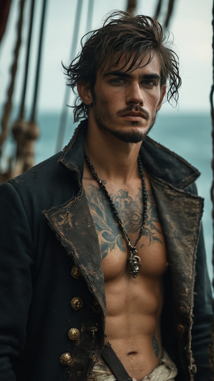 score_9, score_8_up, score_7_up, score_6_up, score_5_up, score_4_up, GQ, 8K image:

a dirty young handsome, 18-year-old evil French Pirate captain, bandit, thief, Rococo, sporting short rugged messy hair and a scruffy face adorned with a thick eyebrows, and tattoos stretching from all over his glistening sweaty body. He's wearing a dirty pirate coat revealing his body which covered with sweat, body hair and dirt. The scene is on a Jolly Rodgers pirate ship sailing to the dark seas and bleak atmosphere. His lean physique is accentuated showcasing his refined sleazy youth and athletic build. His body and face are covered with scars, indicating wounds during fights and sieges. The camera frames him with a very dramatic shot, highlighting the tattooed skin and subtle stubble on his jawline. As the Victorian Era pirate looking proud, the soft aesthetic creates an air of quiet contemplation, while the cinematic lighting imbues the scene with a sense of drama and tension.

Art by John Singer Sargent, Greg Rutkowski, or Wlop would bring this stunning image to life, with camera settings mirroring those of a high-end oil painting: Canon EOS 5D Mark IV, Lens: 85mm f/1.8, f/4.0, ISO 100, and 1/500 sec.