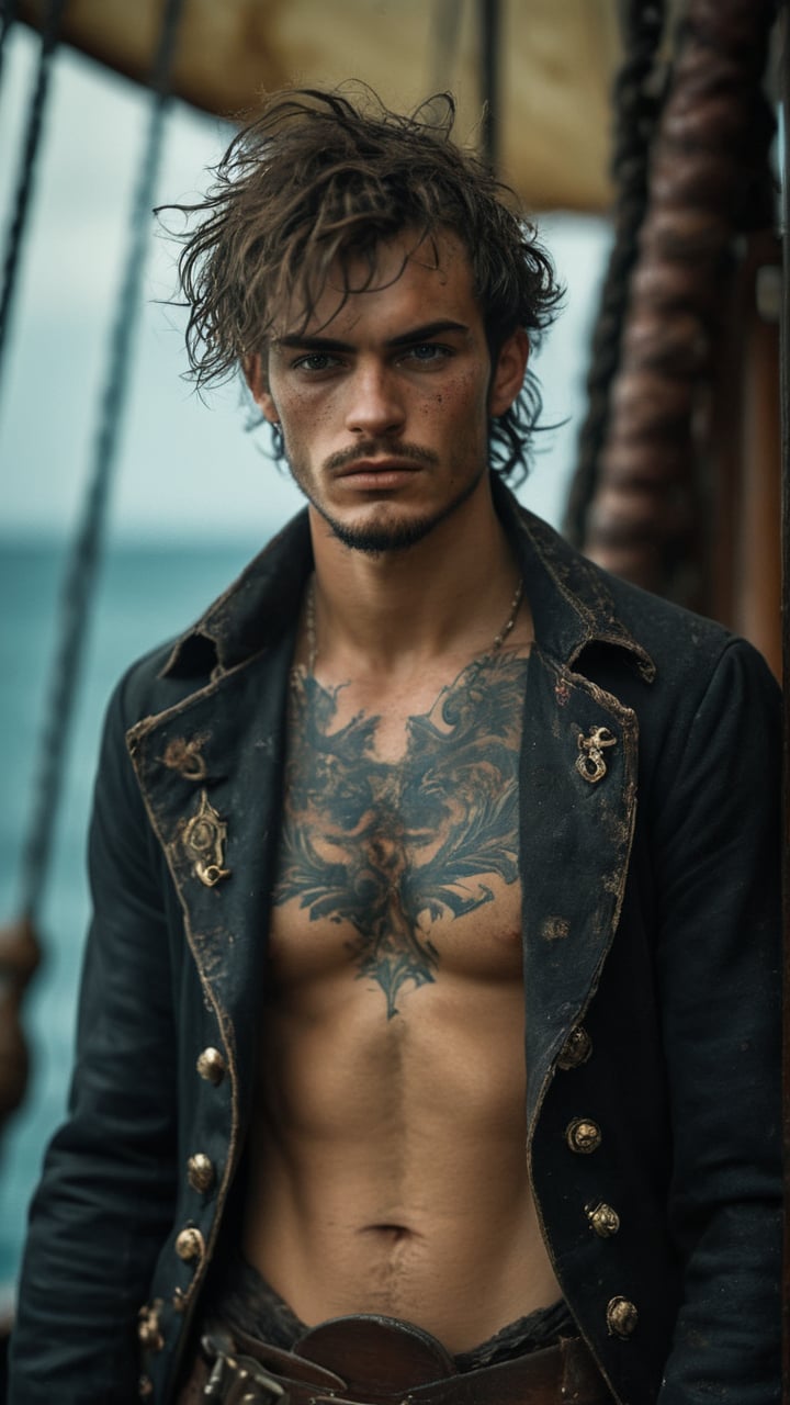 score_9, score_8_up, score_7_up, score_6_up, score_5_up, score_4_up, GQ, 8K image:

a dirty young handsome, 18-year-old evil French Pirate captain, bandit, thief, Rococo, sporting short rugged messy hair and a scruffy face adorned with a thick eyebrows, and tattoos stretching from all over his glistening sweaty body. He's wearing a dirty pirate coat revealing his body which covered with sweat, body hair and dirt. The scene is on a Jolly Rodgers pirate ship sailing to the dark seas and bleak atmosphere. His lean physique is accentuated showcasing his refined sleazy youth and athletic build. His body and face are covered with scars, indicating wounds during fights and sieges. The camera frames him with a very dramatic shot, highlighting the tattooed skin and subtle stubble on his jawline. As the Victorian Era pirate looking proud, the soft aesthetic creates an air of quiet contemplation, while the cinematic lighting imbues the scene with a sense of drama and tension.

Art by John Singer Sargent, Greg Rutkowski, or Wlop would bring this stunning image to life, with camera settings mirroring those of a high-end oil painting: Canon EOS 5D Mark IV, Lens: 85mm f/1.8, f/4.0, ISO 100, and 1/500 sec.