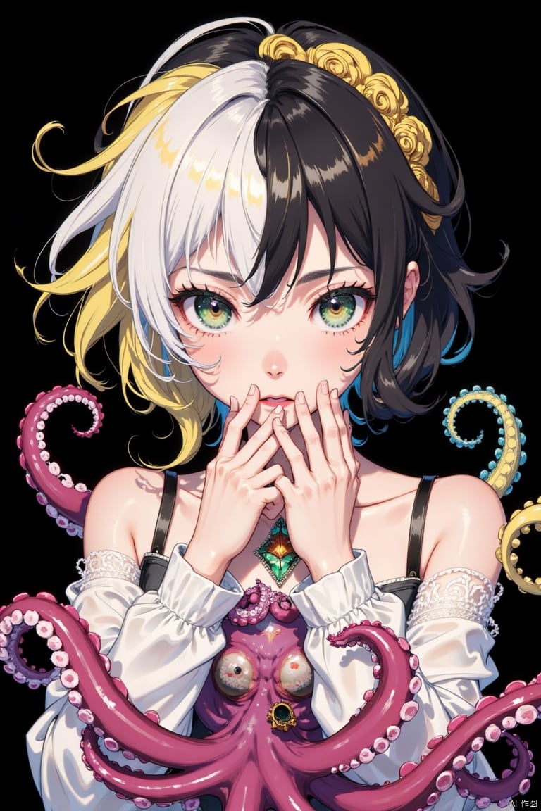 black hair, looking at viewer, multicolored hair, black background, 1girl, white hair, blonde hair, two-tone hair, open mouth, jewelry, hands up, green eyes, octopus, simple background