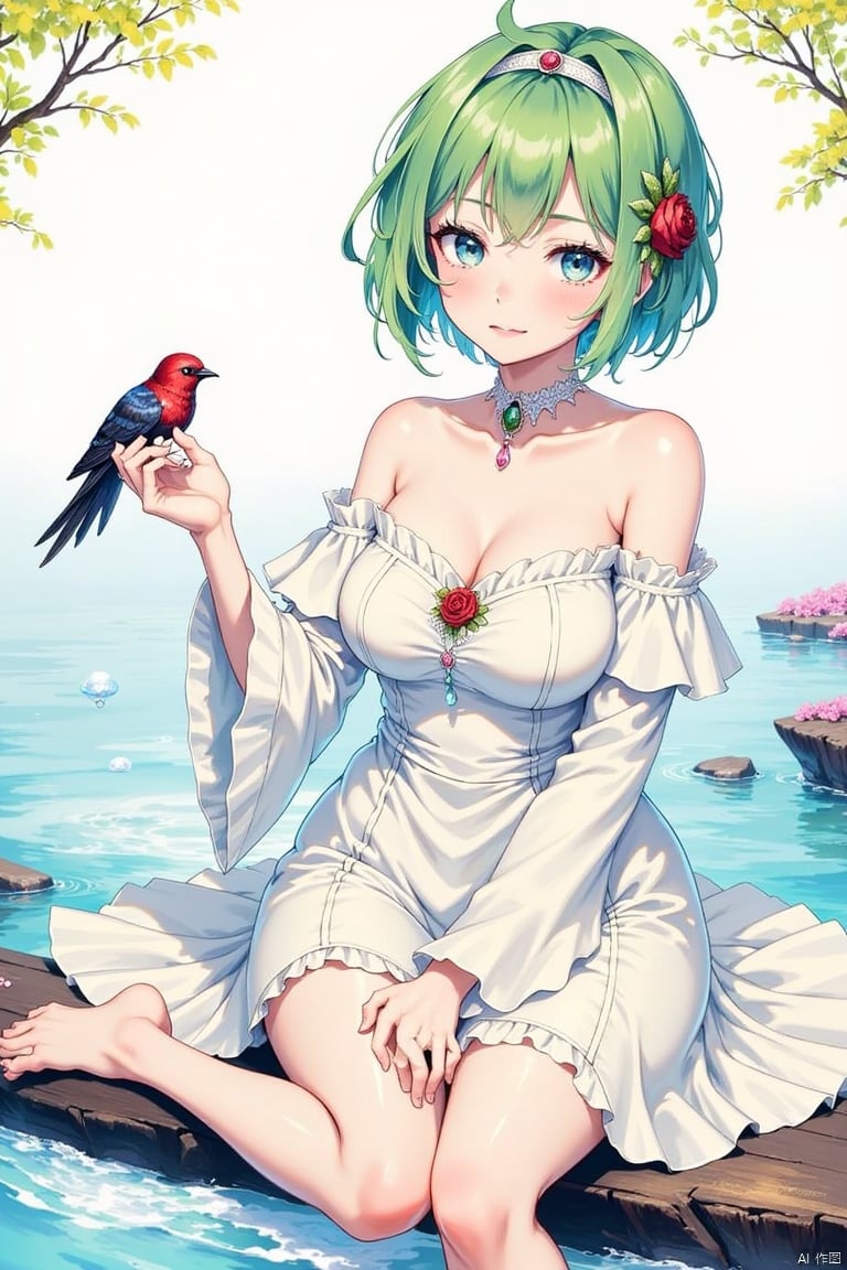  1girl, breasts, flower, dress, green hair, sitting, solo, white dress, water, bird, short hair, hair ornament, barefoot, bare shoulders, cleavage, hair flower, blue eyes, wide sleeves, parted lips, bare legs, red flower, collarbone, holding, detached sleeves, bangs, large breasts, off-shoulder dress, rose, full body, choker, detached collar, jewelry, soaking feet, pink flower, water drop, off shoulder, looking at viewer, blush, branch, strapless dress, hairband, lips, animal, wet, medium breasts, outdoors, long sleeves