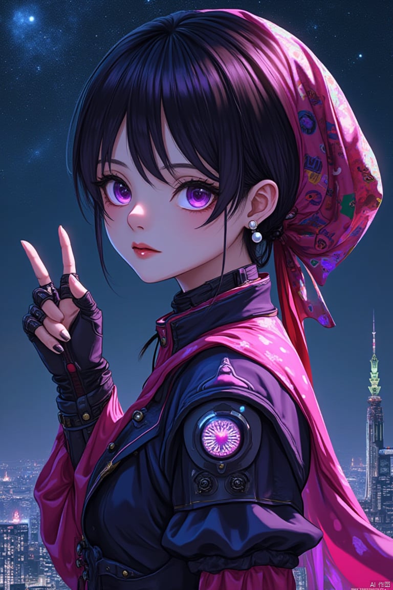 奥黛丽赫本, crisp anime lines, electric color palette, the iconic girl is reimagined with exaggerated anime eyes, her headscarf now a flowing holographic material, shifting in neon colors. The pearl earring transformed into a glowing cybernetic implant, casting a soft light on her delicately drawn anime face. Her clothing merges 17th-century fashion with futuristic armor, set against a backdrop of a cyberpunk cityscape, rich with Vermeer's interplay of light and shadow, maintaining the essence of the original with a modern, animated Niji twist
﻿