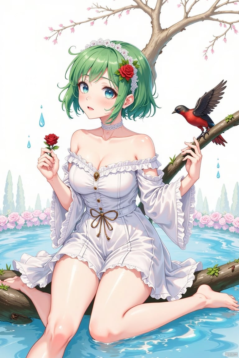  1girl, breasts, flower, dress, green hair, sitting, solo, white dress, water, bird, short hair, hair ornament, barefoot, bare shoulders, cleavage, hair flower, blue eyes, wide sleeves, parted lips, bare legs, red flower, collarbone, holding, detached sleeves, bangs, large breasts, off-shoulder dress, rose, full body, choker, detached collar, jewelry, soaking feet, pink flower, water drop, off shoulder, looking at viewer, blush, branch, strapless dress, hairband, lips, animal, wet, medium breasts, outdoors, long sleeves