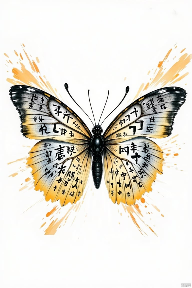 Close-up,a butterfly with super long wings,wings spread out,huge wings composed of countless traditional characters written in capital letters,forming an endless sea of characters,drawn in the style of Wu Guanzhong,rich in colors,combination of virtual and real,very beautiful lines,minimalism,pure white background,artistic conception ink painting,text creativity,blurred background,calligraphy characters,Kenya,Hara,ink painting,