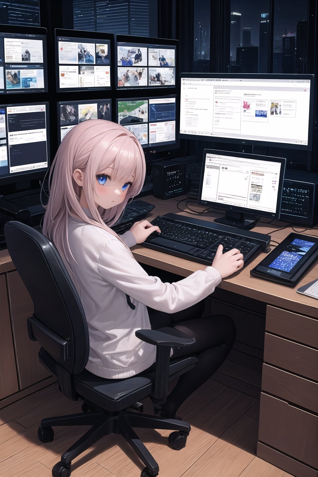 (masterpiece), scenery, 1girl, computer, keyboard, hacker