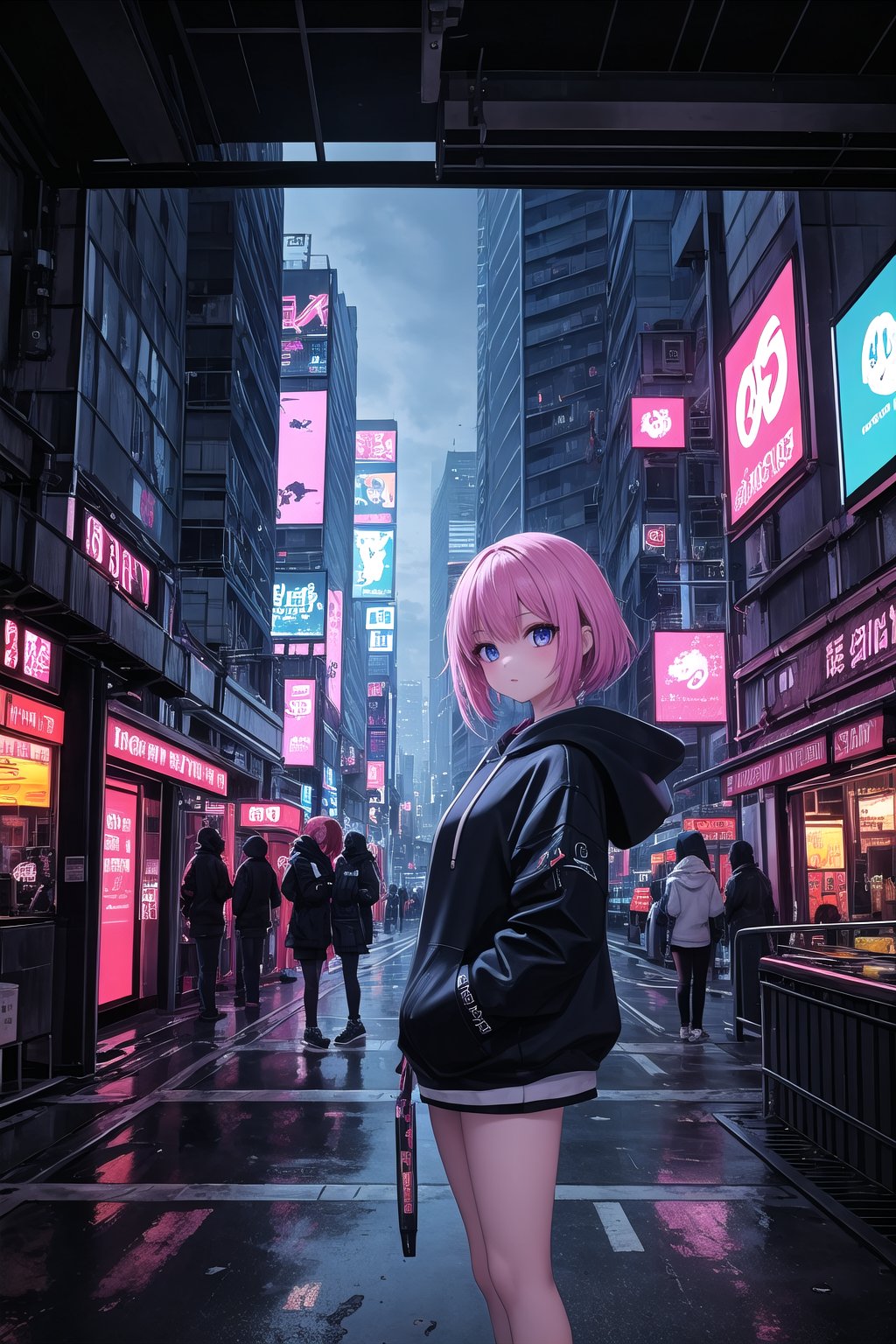 (masterpiece), scenery, 1girl, cyberpunk, hoodie, 