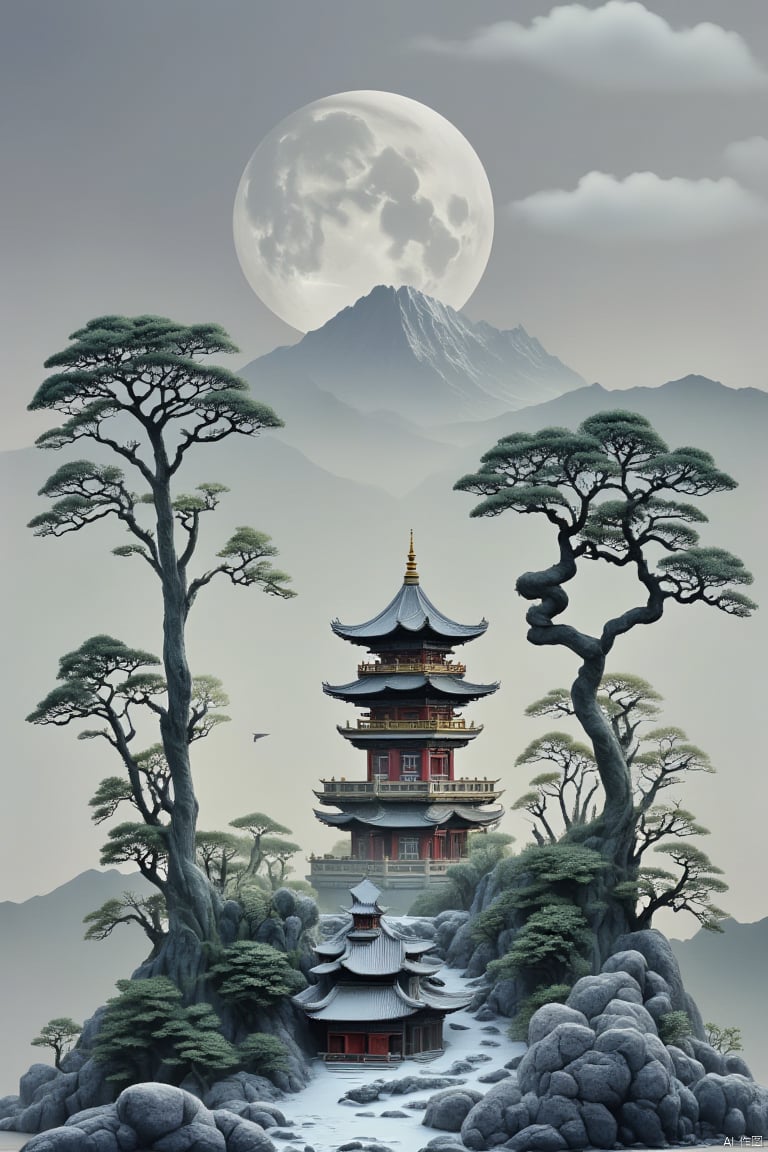  tree, east asian architecture, architecture, scenery, snow, no humans, bird, mountain, cloud, sky