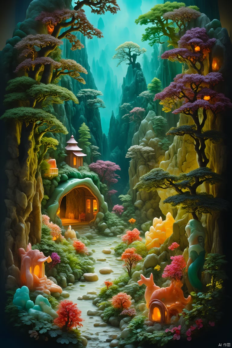 A dreamy courtyard, at the center of which is a dreamy forest landscape made of blue and green amber, including trees, fairy houses and mythical creatures carved in amber. There is a fantasy tent made of amber and fabric in the corner of the courtyard. Fantasy lamps, furniture and toys made of amber are placed in the tent. The entire space creates an atmosphere full of fantasy and magic through the rich colors and dreamy elements of amber.