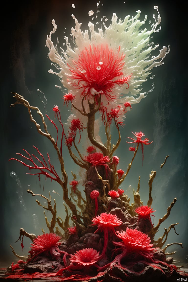 Best quality, best illustration, magic plant ghost flower from the abyss, ghost flower, blood red tentacles watch over the dead, charm, uncanny, horror