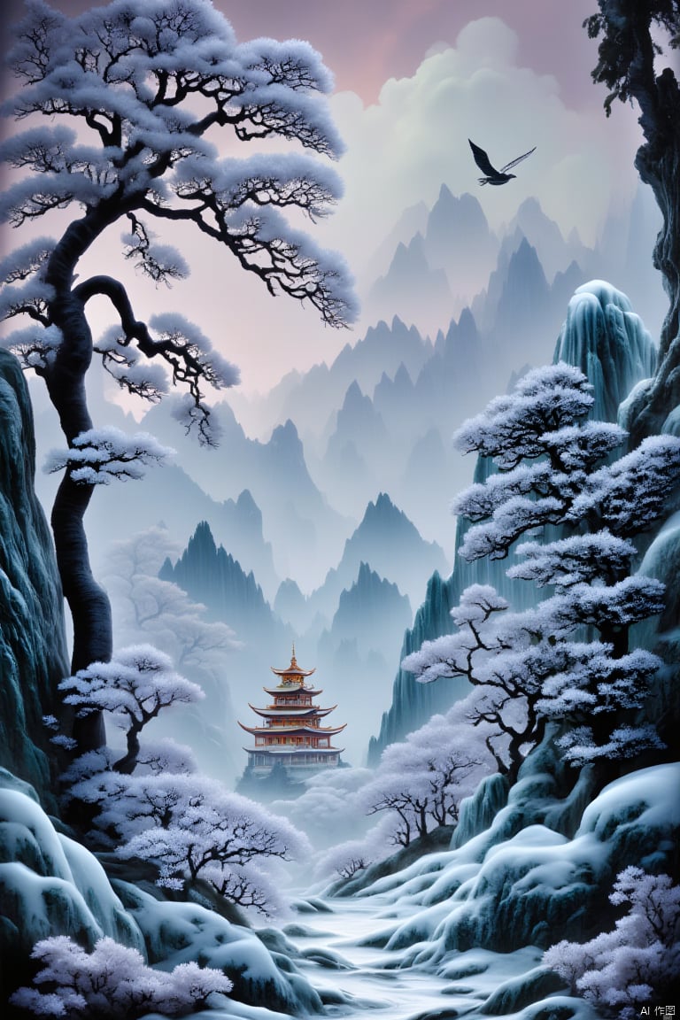  tree, east asian architecture, architecture, scenery, snow, no humans, bird, mountain, cloud, sky