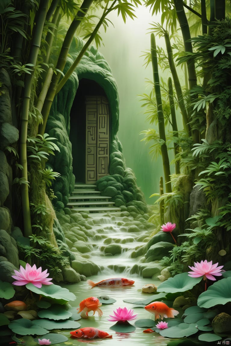 The moon cave door is open, green bamboos are swaying gently, and in the Chinese-style courtyard, there are rockeries, flowing water, and fish playing among the lotus leaves, showing a simple and elegant style.