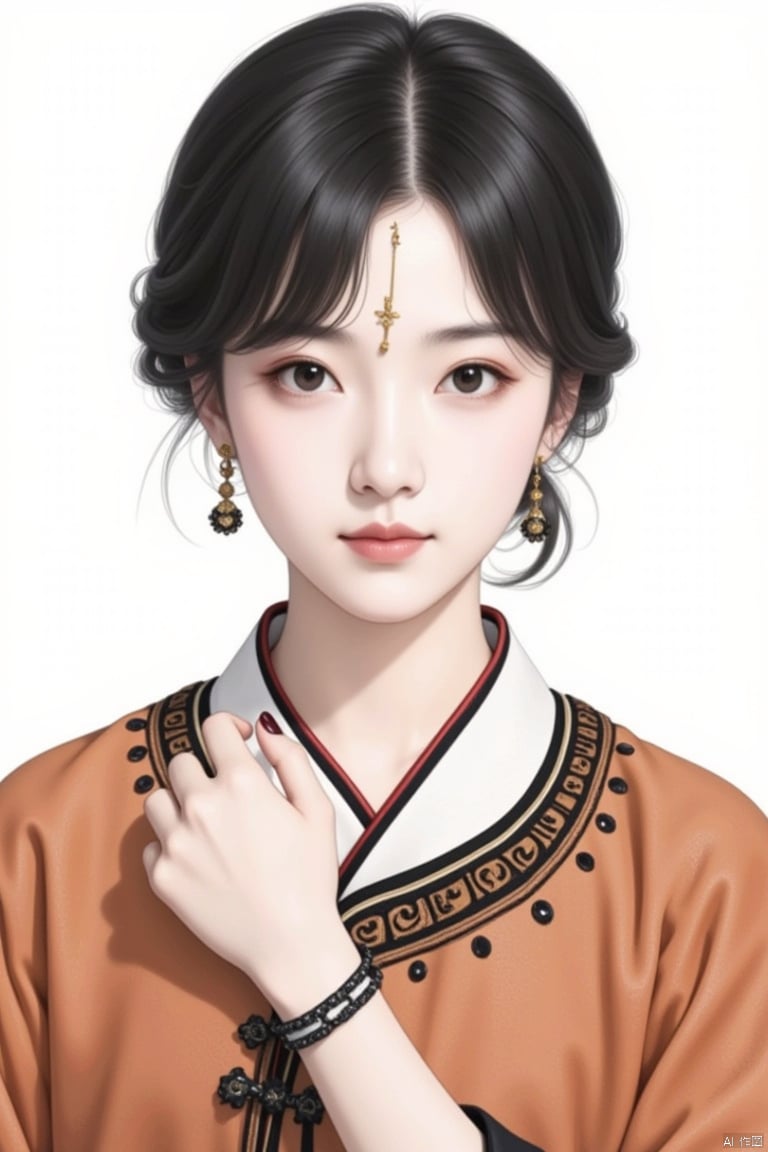 1girl, jewelry, solo, earrings, looking at viewer, black hair, upper body, simple background, lips, black eyes, short hair, long sleeves, hanfu, collarbone, realistic, closed mouth, forehead mark, robe