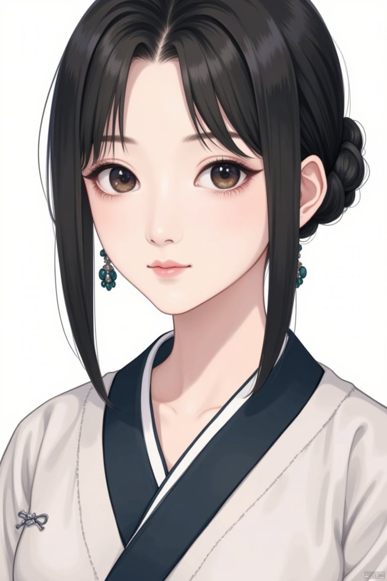 1girl, jewelry, solo, earrings, looking at viewer, black hair, upper body, simple background, lips, black eyes, short hair, long sleeves, hanfu, collarbone, realistic, closed mouth, forehead mark, robe