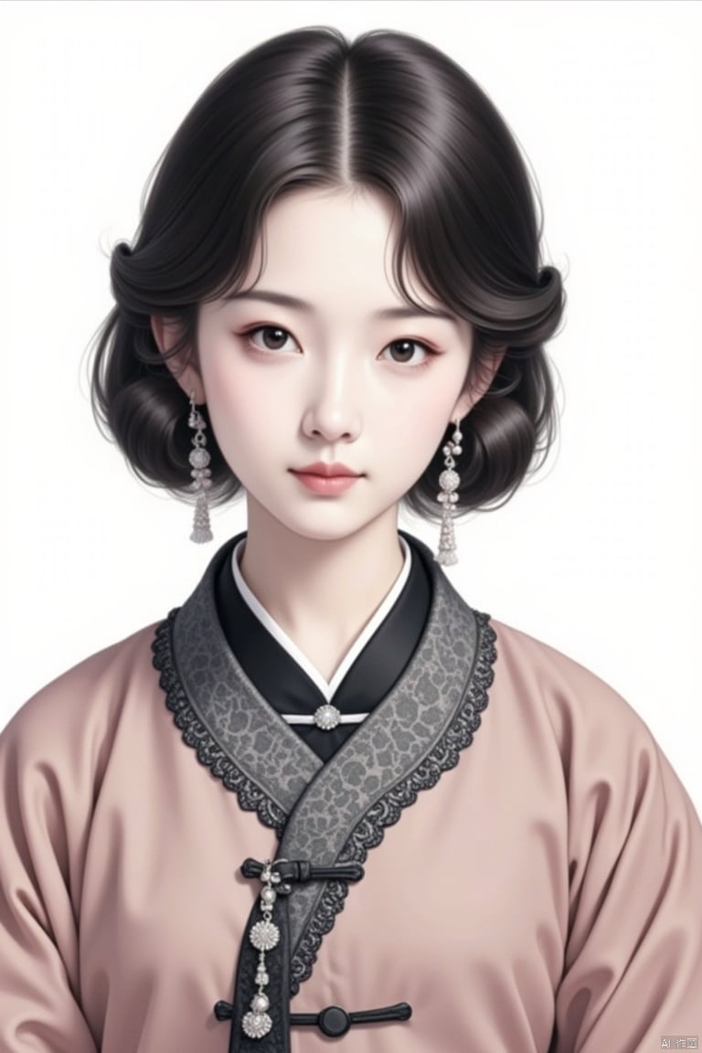 1girl, jewelry, solo, earrings, looking at viewer, black hair, upper body, simple background, lips, black eyes, short hair, long sleeves, hanfu, collarbone, realistic, closed mouth, forehead mark, robe