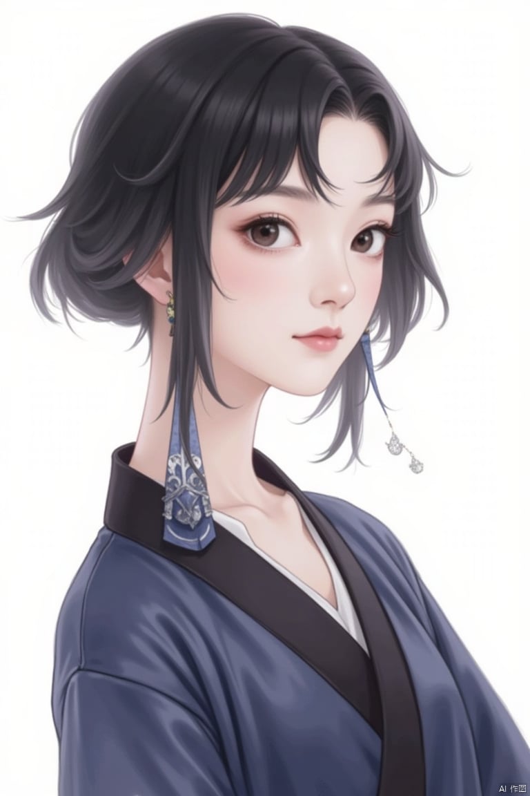 1girl, jewelry, solo, earrings, looking at viewer, black hair, upper body, simple background, lips, black eyes, short hair, long sleeves, hanfu, collarbone, realistic, closed mouth, forehead mark, robe