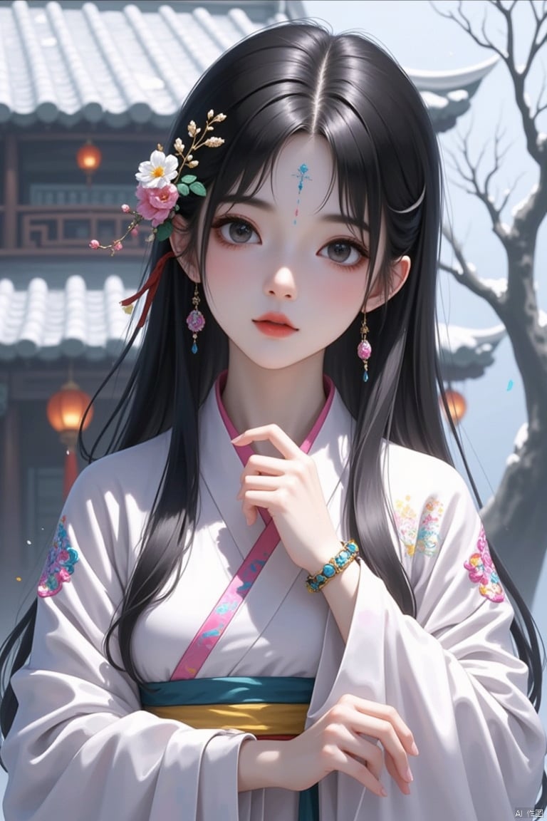 1girl, hair ornament, jewelry, black hair, solo, long hair, earrings, flower, looking at viewer, hair flower, upper body, bracelet, forehead mark, sash, facial mark, chinese clothes, parted lips, outdoors, snow, long sleeves, tree, architecture