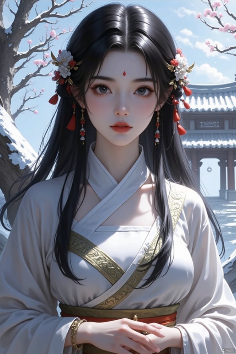 1girl, hair ornament, jewelry, black hair, solo, long hair, earrings, flower, looking at viewer, hair flower, upper body, bracelet, forehead mark, sash, facial mark, chinese clothes, parted lips, outdoors, snow, long sleeves, tree, architecture