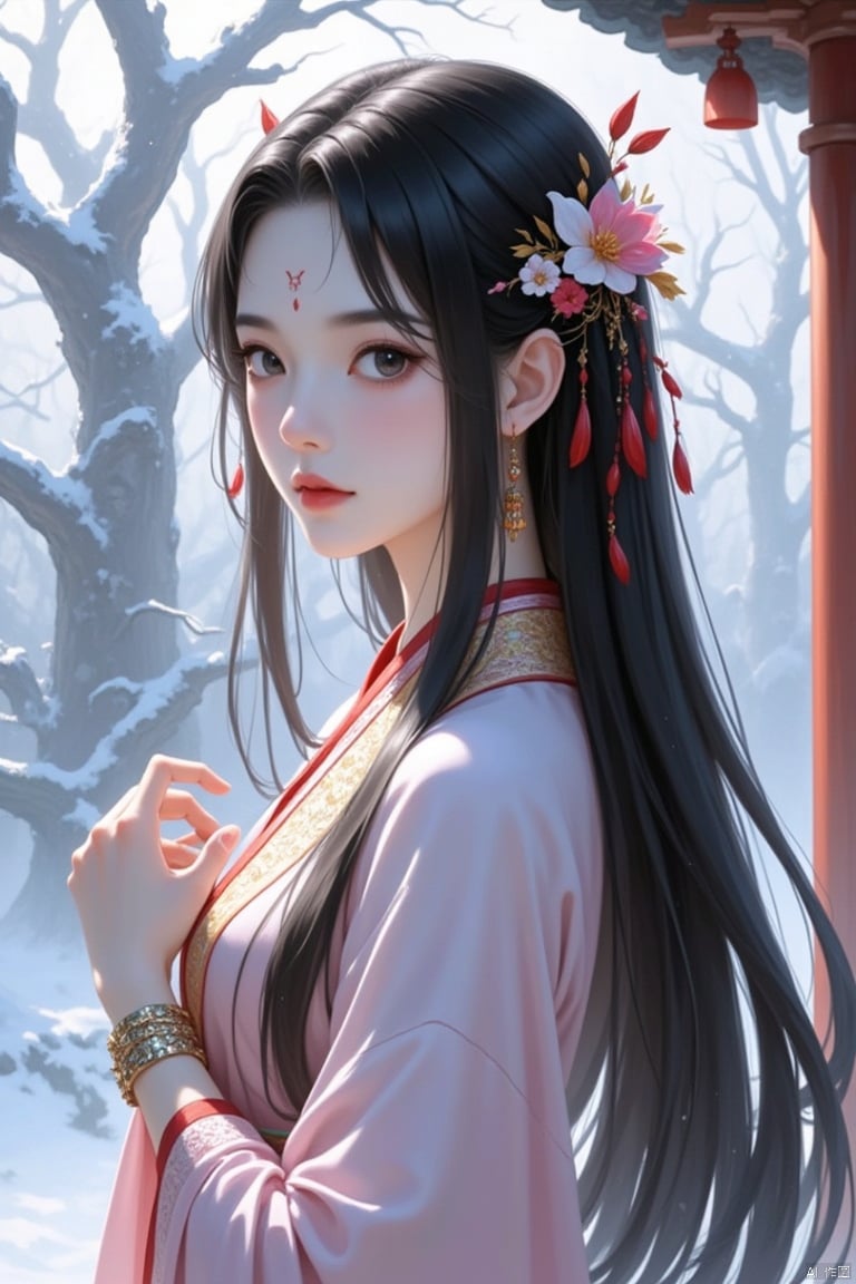 1girl, hair ornament, jewelry, black hair, solo, long hair, earrings, flower, looking at viewer, hair flower, upper body, bracelet, forehead mark, sash, facial mark, chinese clothes, parted lips, outdoors, snow, long sleeves, tree, architecture