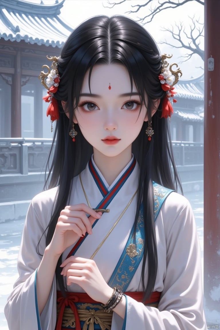 1girl, hair ornament, jewelry, black hair, solo, long hair, earrings, flower, looking at viewer, hair flower, upper body, bracelet, forehead mark, sash, facial mark, chinese clothes, parted lips, outdoors, snow, long sleeves, tree, architecture