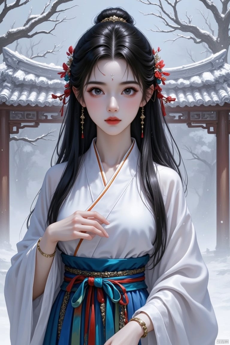 1girl, hair ornament, jewelry, black hair, solo, long hair, earrings, flower, looking at viewer, hair flower, upper body, bracelet, forehead mark, sash, facial mark, chinese clothes, parted lips, outdoors, snow, long sleeves, tree, architecture