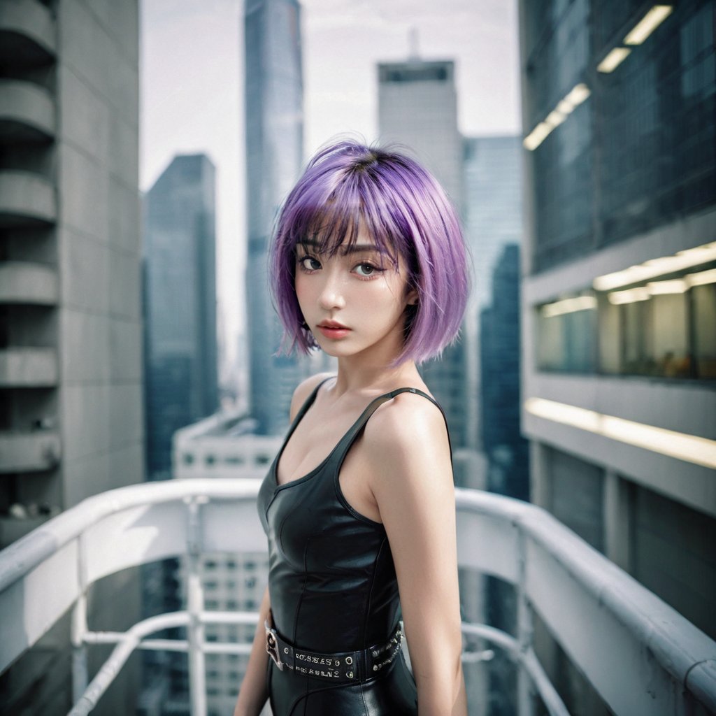 Realistic 16K resolution photography of 1 girl standing above high rise buildings,
break,
1girl,Purple hair, short hair, leather tights, Exquisitely perfect symmetric very gorgeous face, Exquisite delicate crystal clear skin, Detailed beautiful delicate eyes, perfect slim body shape, slender and beautiful fingers, legs, perfect hands, legs, illuminated by film grain, realistic style, realistic skin texture, dramatic lighting, soft lighting, exaggerated perspective of ((Wide-angle lens depth)), extreme detail description,kusanagi motoko,leotard,pants,belt