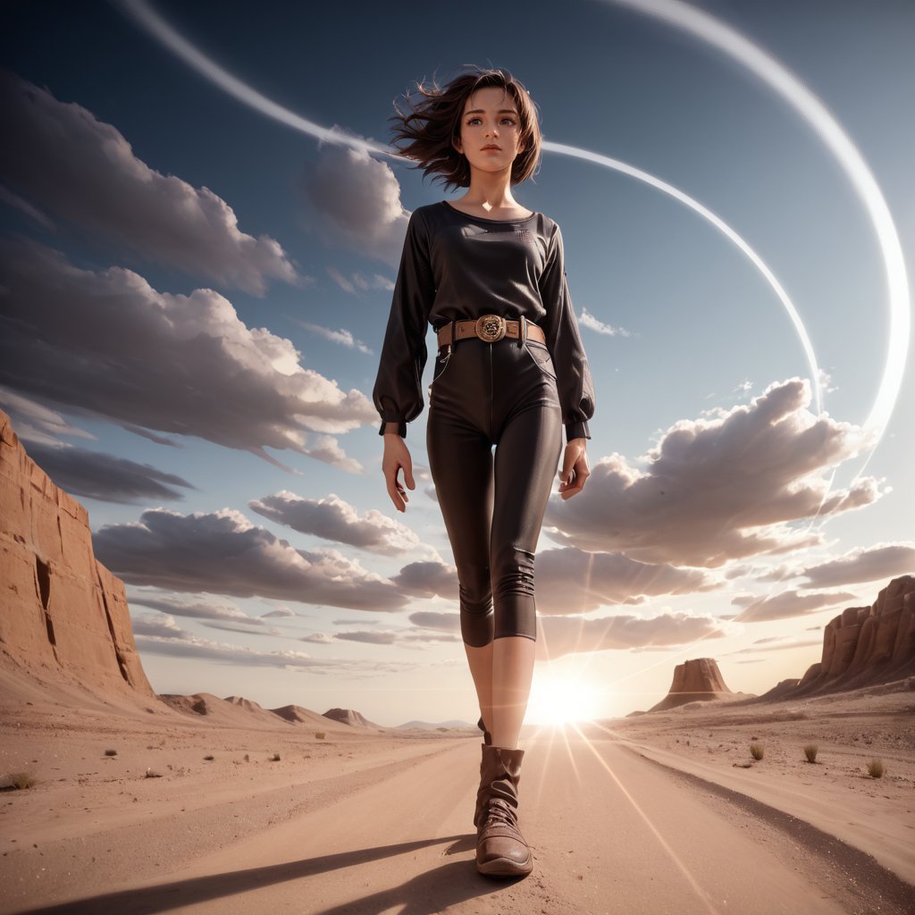 Realistic 16K resolution photography of 1girl walking on desert,
break,
1girl, Exquisitely perfect symmetric very gorgeous face, Exquisite delicate crystal clear skin, Detailed beautiful delicate eyes, perfect slim body shape, slender and beautiful fingers, legs, perfect hands, legs, illuminated by film grain, realistic style, realistic skin texture, dramatic lighting, soft lighting, exaggerated perspective of ((Wide-angle lens depth)), extreme detail description,kusanagi motoko,leotard,pants,belt