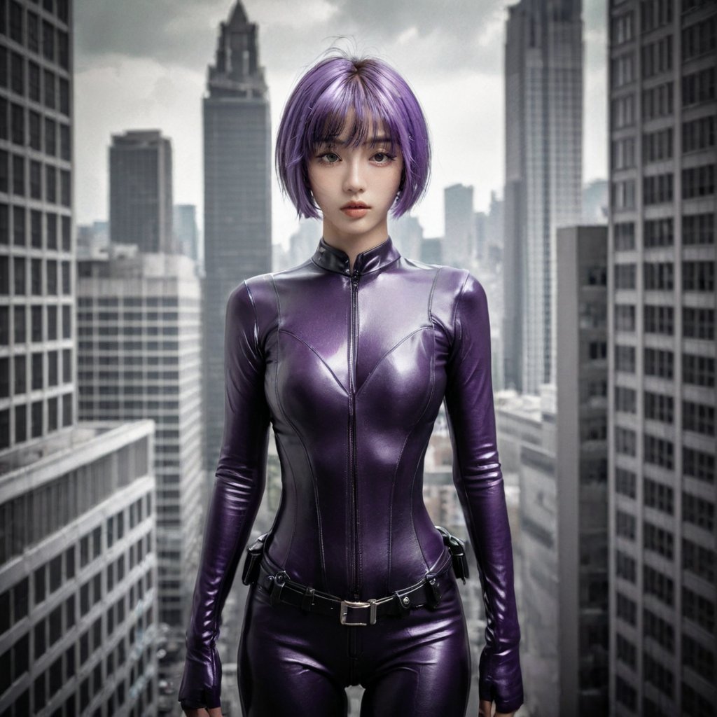 Realistic 16K resolution photography of 1 girl standing above high rise buildings,
break,
1girl,Purple hair, short hair, leather tights, Exquisitely perfect symmetric very gorgeous face, Exquisite delicate crystal clear skin, Detailed beautiful delicate eyes, perfect slim body shape, slender and beautiful fingers, legs, perfect hands, legs, illuminated by film grain, realistic style, realistic skin texture, dramatic lighting, soft lighting, exaggerated perspective of ((Wide-angle lens depth)), extreme detail description,kusanagi motoko,leotard,pants,belt