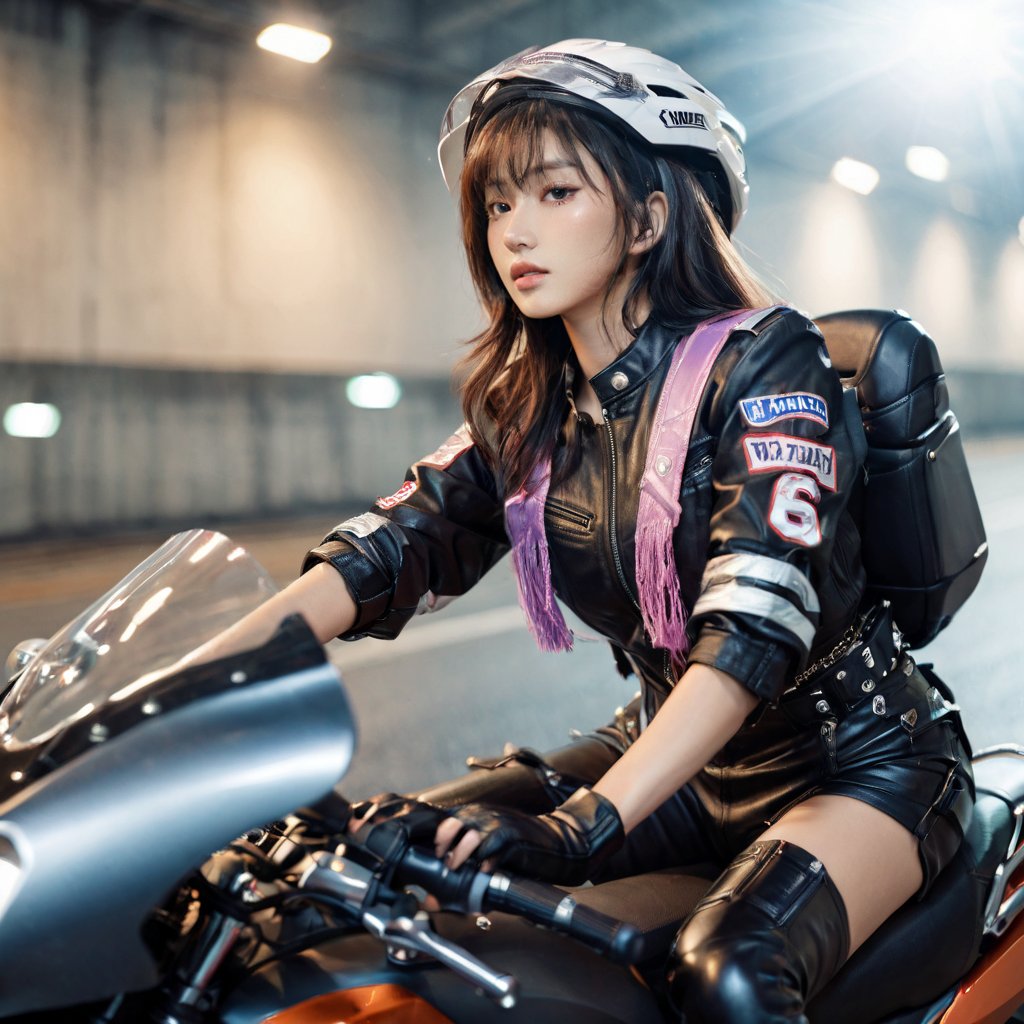 Realistic 16K resolution photography of 1girl riding motorbike,
break,
1girl, Exquisitely perfect symmetric very gorgeous face, Exquisite delicate crystal clear skin, Detailed beautiful delicate eyes, perfect slim body shape, slender and beautiful fingers, legs, perfect hands, legs, illuminated by film grain, realistic style, realistic skin texture, dramatic lighting, soft lighting, exaggerated perspective of ((Wide-angle lens depth)), extreme detail description,kusanagi motoko,leotard,pants,belt