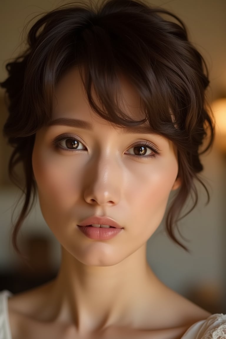 Masterpiece, highest picture quality, 8k, youthful beauty, beautiful sexy brown_hair, face focus, short messy hair,julia