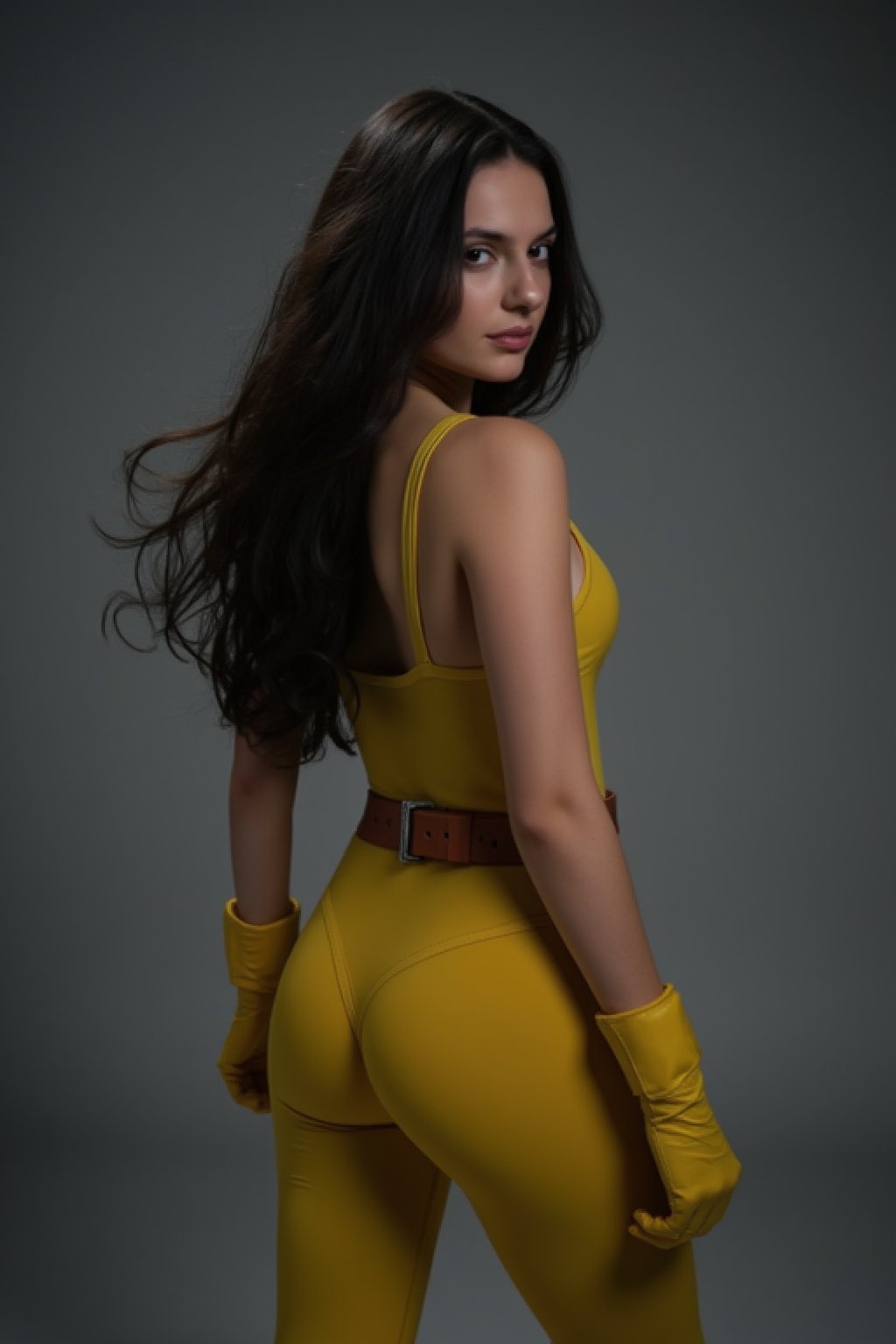 In a cinematic shot, a 24-year-old girl with black hair, flowing long locks, and pale skin poses dramatically in  front of a simple grey backdrop provides a striking contrast. She wears a superhero yellow body suit , she also wears a belt and gloves, paying homage to Marvel Comics', the X-Men. Soft lighting accentuates her features, while the Her action-packed pose is frozen in time, inviting the viewer into the thrilling world of cosplay.