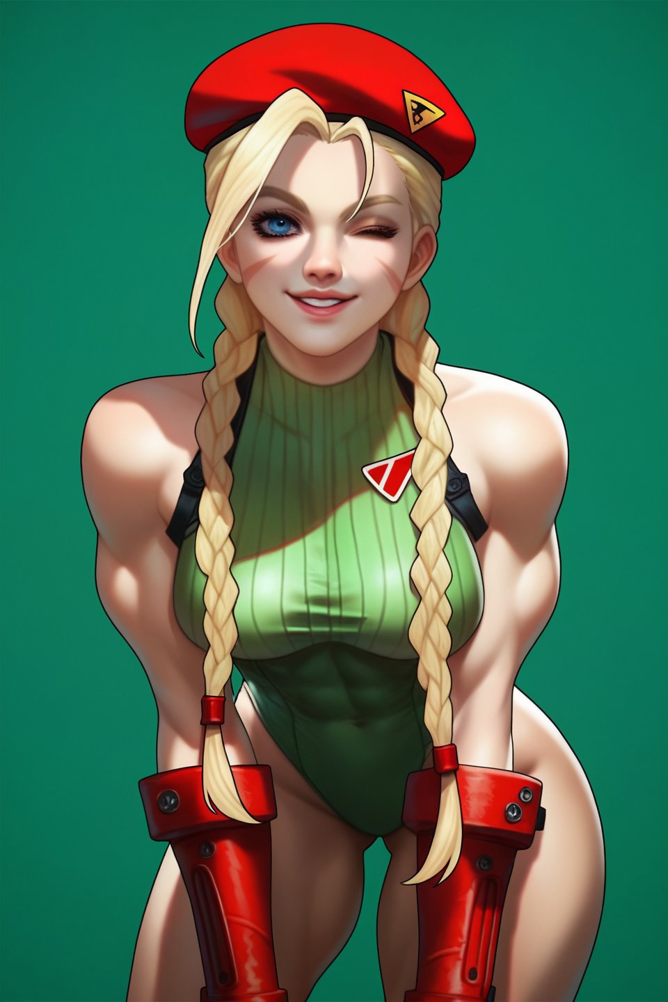 score_9, score_8_up, score_7_up, more detail XL, green background, CammyDGOG, blonde hair, long hair, twin braids, blue eyes, green leotard, beret, cowboy_shot, wink, smile, fit, leaning_forward
