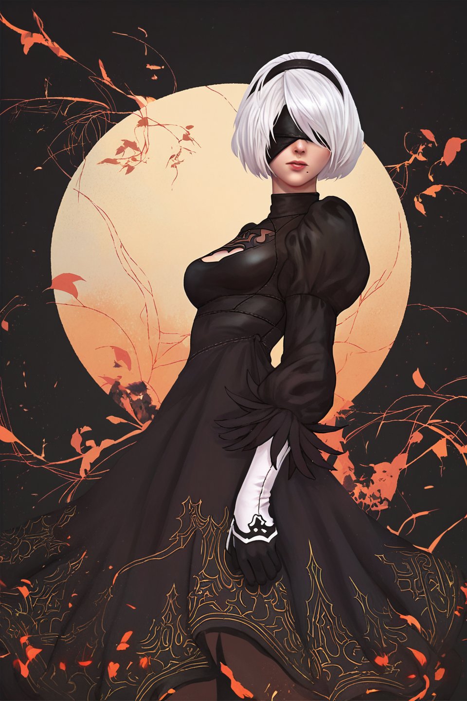 score_9, score_8_up, score_7_up, black background, solo, Yorha 2B, black dress, sleeves, blindfold, cowboy_shot, lineart, pose
