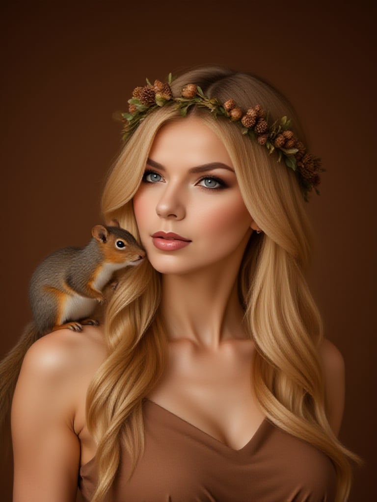 photo of beautiful woman, natural looking, long wavy honey color hair, freckles, wreath made of acorns and leaves on her head, wearing brown dress, real squirrel sitting on woman's' shoulder and kissing her on cheek, brown background, zaya