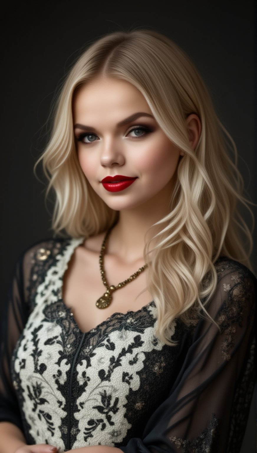 Beautiful young woman, blonde, perfect delicate face, red lipstick, perfect figure, elegant pose, (very beautiful white and black lace dress, necklace and earrings), neat, elegant, very beautiful face, gothic undertones, studio shot, masterpiece.