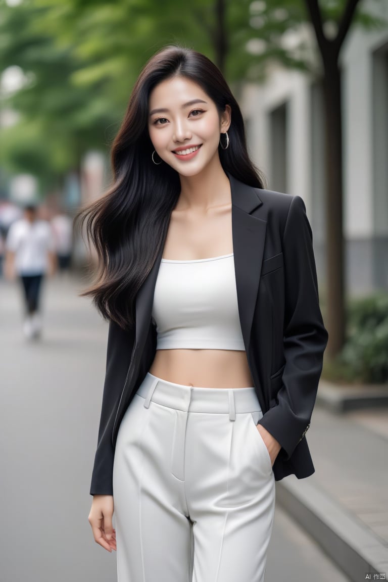 1girl, solo, long hair, looking at viewer, smile, black hair, brown eyes, jewelry, jacket, earrings, outdoors, solo focus, pants, blurry, tree, lips, blurry background, formal, suit, walking, hand in pocket, hoop earrings, realistic, white pants, road, street, photo background