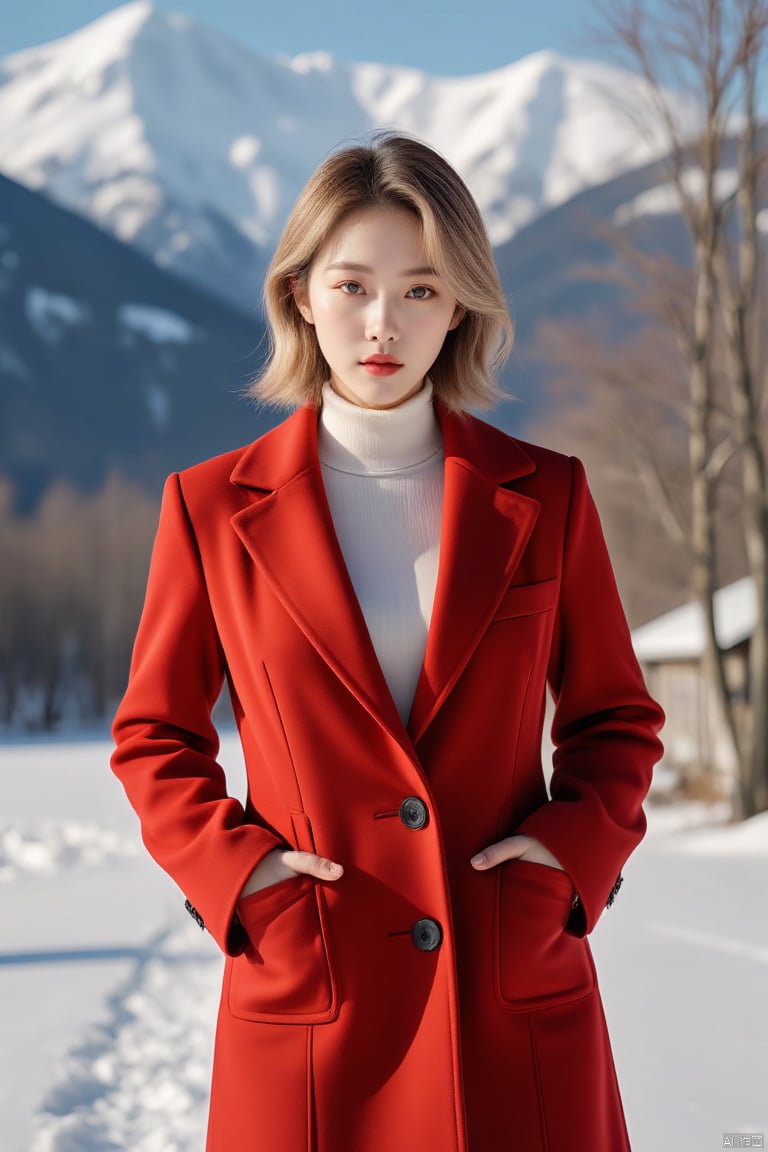 Outdoor scenery, snow view, Snow Mountain, girl, red wool coat, pretty face, short hair, blonde hair, (photo reality: 1.3) , Edge lighting, (high detail skin: 1.2) , 8K Ultra HD, high quality, high resolution, the best ratio of four fingers and thumb, (photo reality: 1.3) , wearing a red coat, white shirt inside, large breasts, solid red background, solid red background, superior feeling, full texture, 1 girl,