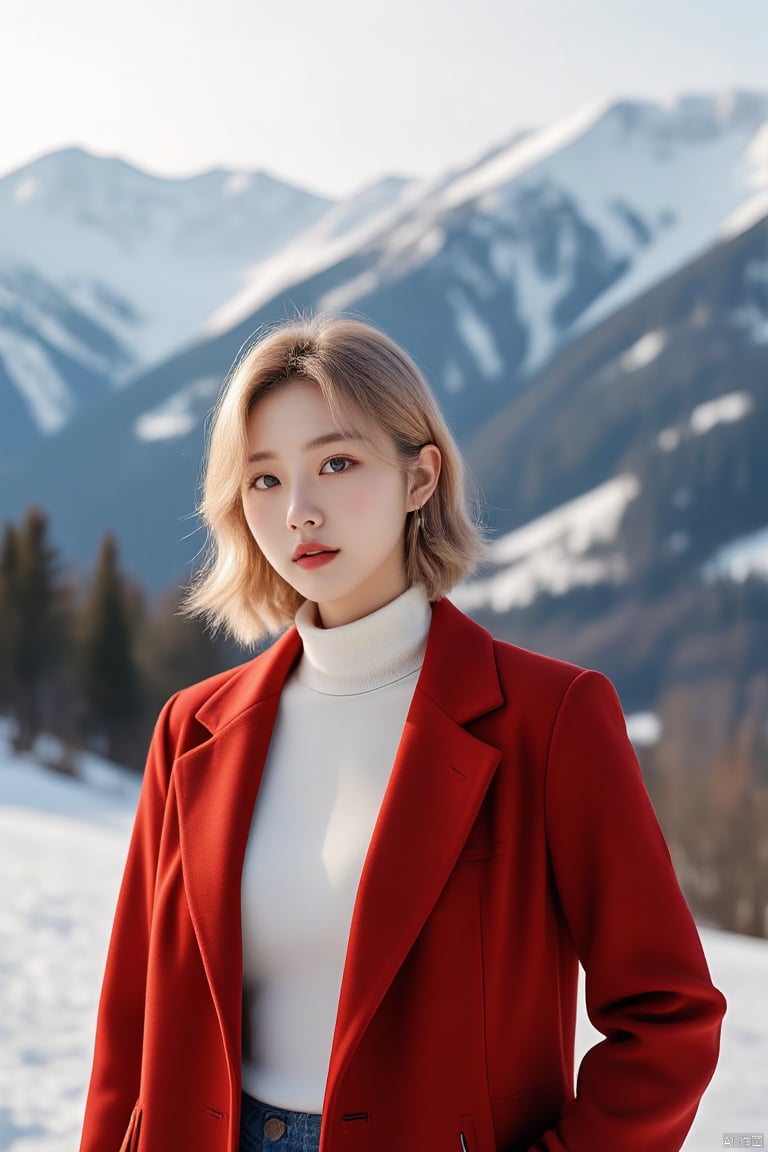 Outdoor scenery, snow view, Snow Mountain, girl, red wool coat, pretty face, short hair, blonde hair, (photo reality: 1.3) , Edge lighting, (high detail skin: 1.2) , 8K Ultra HD, high quality, high resolution, the best ratio of four fingers and a thumb, (photo reality: 1.3) , wearing a red coat, white shirt inside, big chest, solid color background, solid red background, advanced feeling, texture full, 1 girl, Xiqing, HSZT, Xiaxue, dongy, a girl, magic eyes, black 8d smooth stockings, 1girl, sd_mai, xiqing, tm, ((poakl flower style)), ((poakl))
