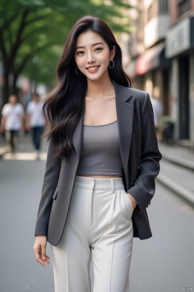 1girl, solo, long hair, looking at viewer, smile, black hair, brown eyes, jewelry, jacket, earrings, outdoors, solo focus, pants, blurry, tree, lips, blurry background, formal, suit, walking, hand in pocket, hoop earrings, realistic, white pants, road, street, photo background