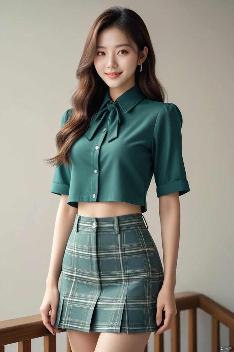 1girl, solo, long hair, looking at viewer, smile, skirt, brown hair, shirt, bow, brown eyes, standing, short sleeves, midriff, crop top, plaid, plaid skirt, realistic, green shirt, railing