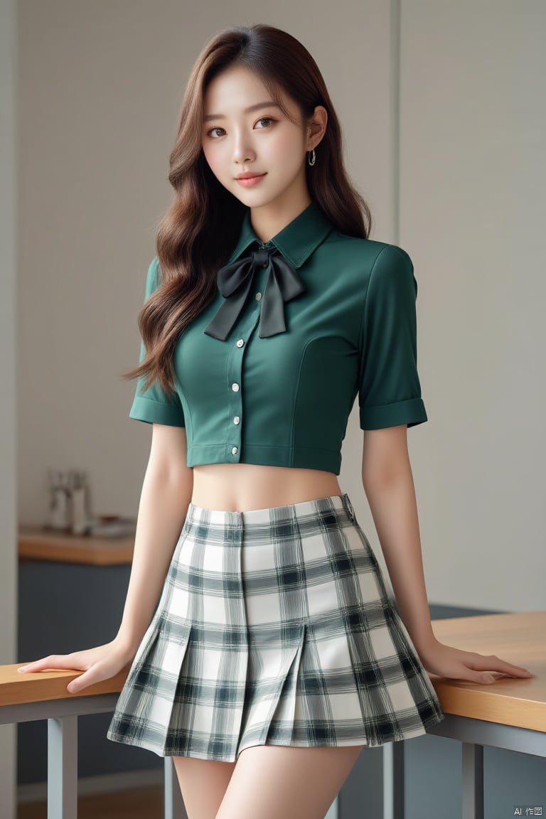 1girl, solo, long hair, looking at viewer, smile, skirt, brown hair, shirt, bow, brown eyes, standing, short sleeves, midriff, crop top, plaid, plaid skirt, realistic, green shirt, railing