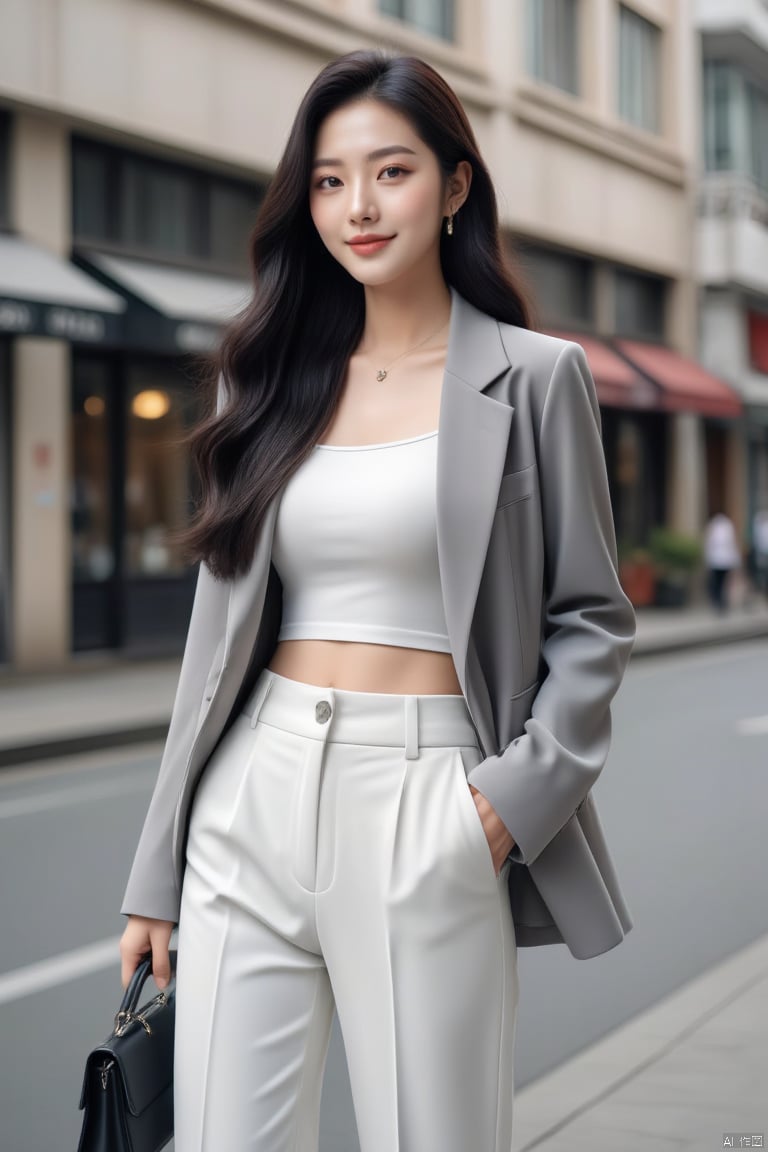 1girl, solo, long hair, breasts, looking at viewer, smile, shirt, black hair, holding, brown eyes, jewelry, standing, jacket, earrings, outdoors, day, midriff, pants, necklace, bag, mole, lips, building, hand in pocket, handbag, realistic, white pants, grey jacket, holding bag, street