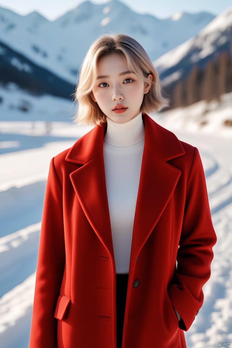 Outdoor scenery, snow view, Snow Mountain, girl, red wool coat, pretty face, short hair, blonde hair, (photo reality: 1.3) , Edge lighting, (high detail skin: 1.2) , 8K Ultra HD, high quality, high resolution, the best ratio of four fingers and a thumb, (photo reality: 1.3) , wearing a red coat, white shirt inside, big chest, solid color background, solid red background, advanced feeling, texture full, 1 girl, Xiqing, HSZT, Xiaxue, dongy, a girl, magic eyes, black 8d smooth stockings, 1girl, sd_mai, xiqing, tm, ((poakl flower style)), ((poakl))
