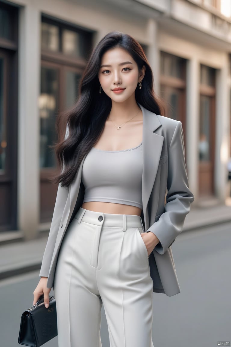 1girl, solo, long hair, breasts, looking at viewer, smile, shirt, black hair, holding, brown eyes, jewelry, standing, jacket, earrings, outdoors, day, midriff, pants, necklace, bag, mole, lips, building, hand in pocket, handbag, realistic, white pants, grey jacket, holding bag, street