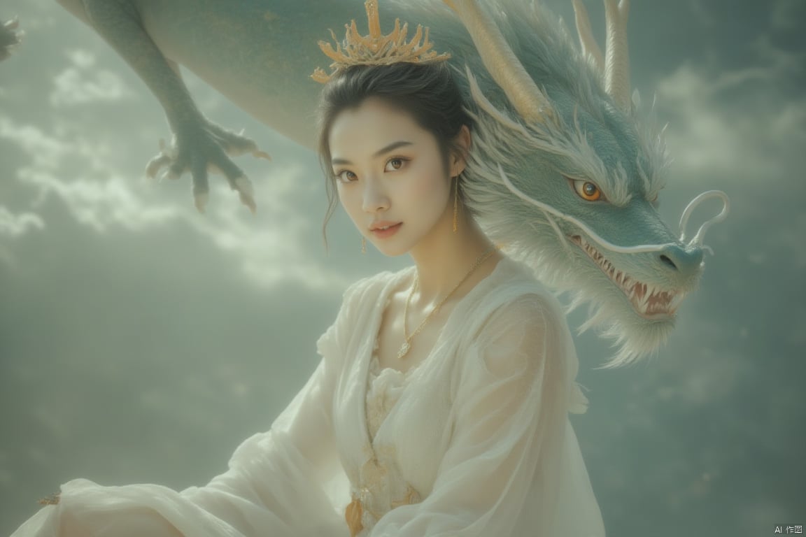 loong
The Chinese Loong is wrapped around a woman in a white dress
necklace and earrings. The woman was wearing an orange crown on her head
adding a touch of color to the scene. The dragon opened its mouth
with green scales and mane. The background is blurry
forming a sharp contrast with women and dragons. This is a young little dragon
