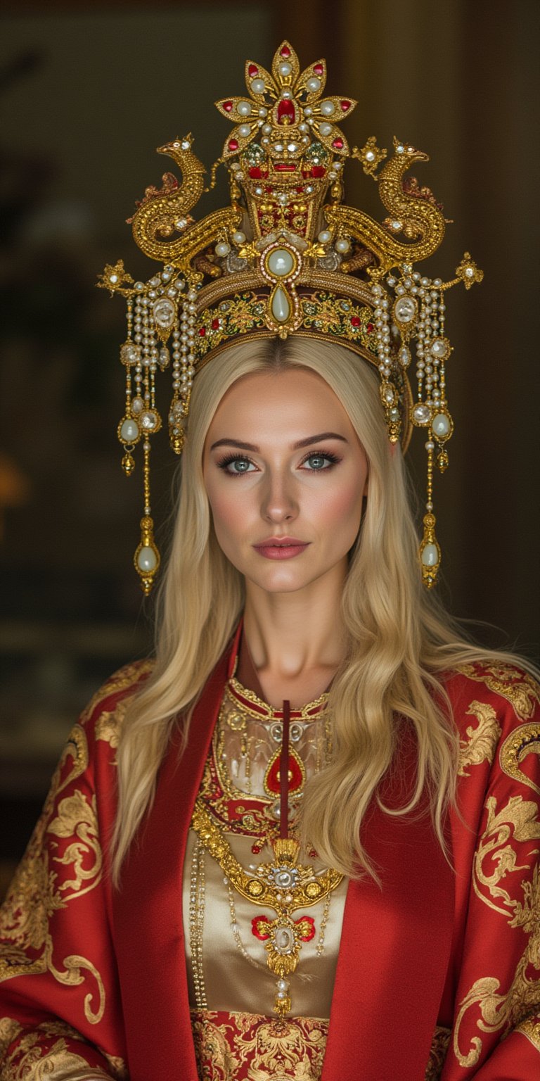 A stunning (Asian woman), wearing an opulent ancient Chinese empress costume,Her Slavic features, -blue eyes and fair skin, contrast beautifully with the ornate Chinese attire, Elaborate headdress adorned with gold filigree, jade beads, and hanging pearls, Intricate phoenix crown with delicate golden leaves and gemstones,Layered silk robes in rich red and gold, embroidered with dragons and auspicious symbols, Wide, flowing sleeves with detailed embroidery, Ornate collar piece studded with precious stones,Long blonde hair partially visible beneath the headdress,Beautiful woman,Photorealistic, cinematic 