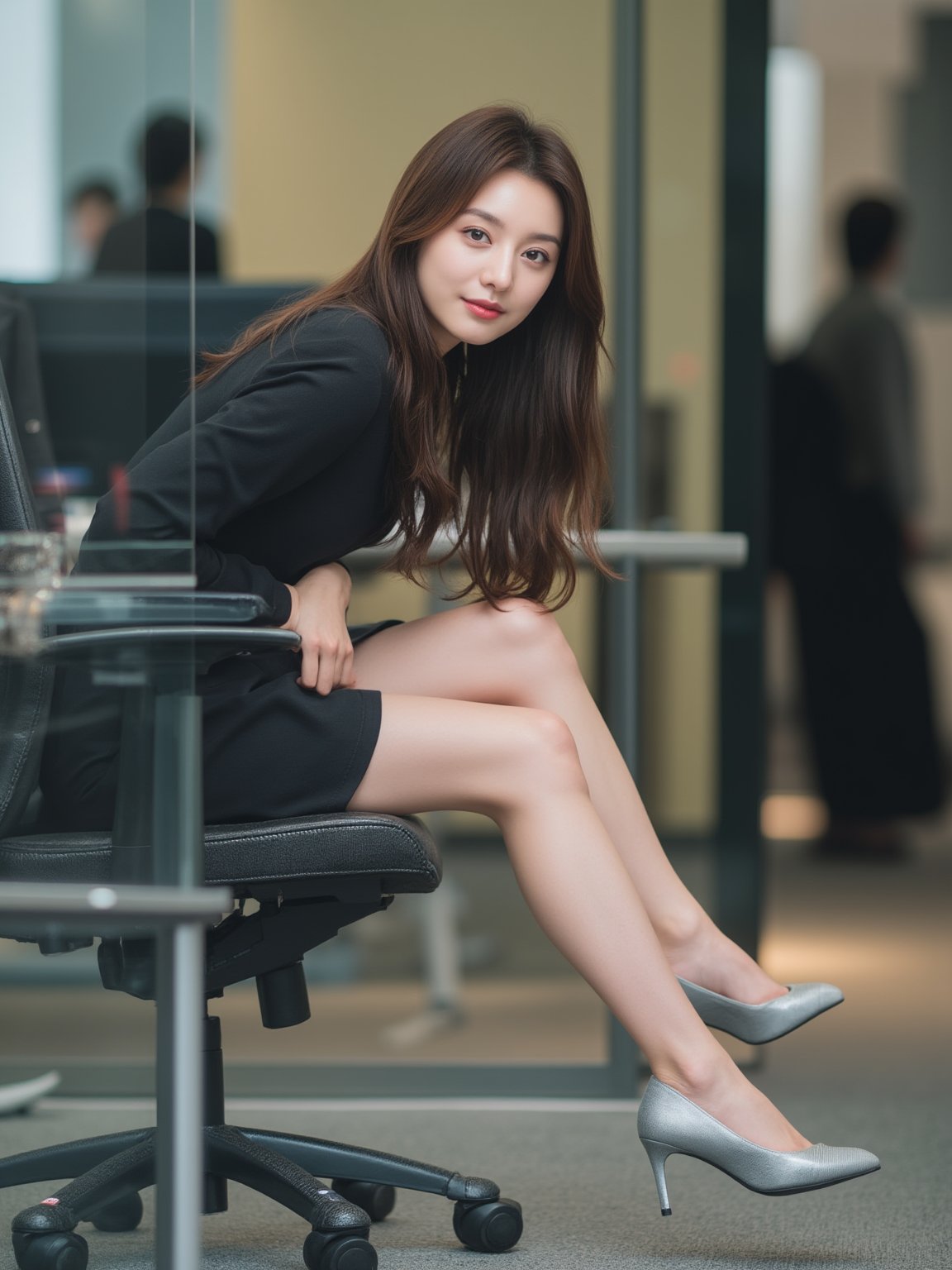 A stunning Asian woman, 30 years old, sits on a worn office chair, her medium brown hair flowing down her back like a waterfall. Her double eyelids and charming smile are captured in sharp focus as she gazes directly into the camera. Her slender legs and perfect physique are showcased through the luxurious light grey pumps heels that elevate her confidence. The blurred background is filled with distant figures, adding depth to the scene. Framed from below, this low-angle shot emphasizes her beauty as a sharp full-body photo, complete with detailed skin texture and lifelike rendering.